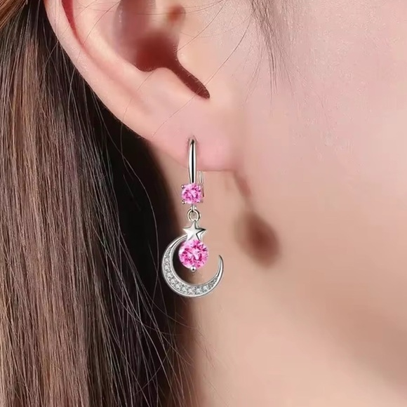 NIB Elegant S925 Sterling Silver Zircon and Pink Crescent Moon Earrings - Picture 3 of 8